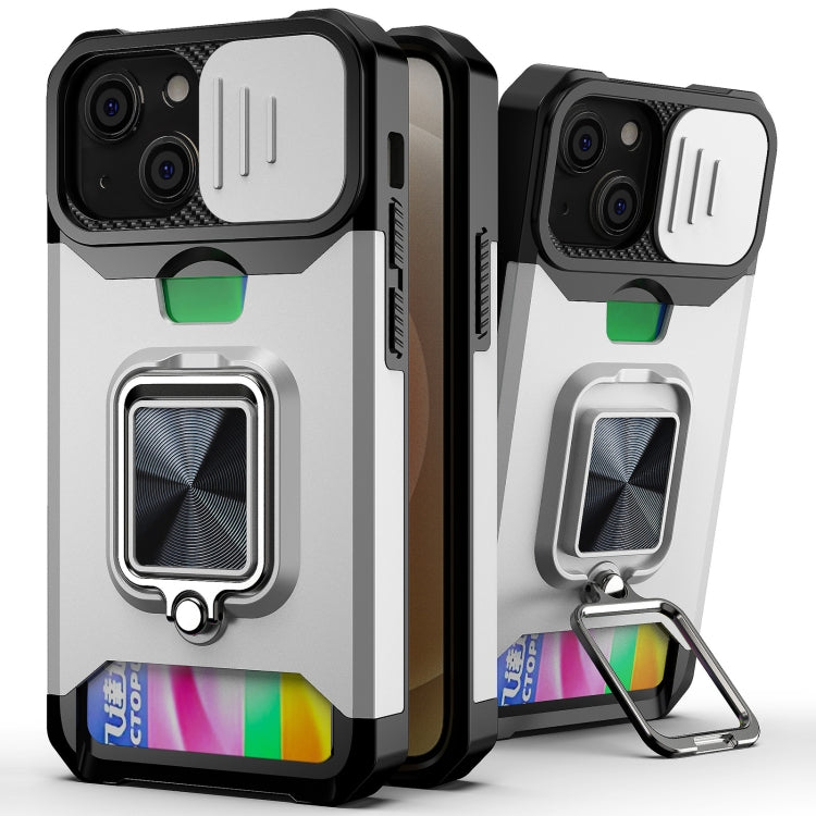 For iPhone 13 Sliding Camshield Card Slot Ring Kickstand Phone Case