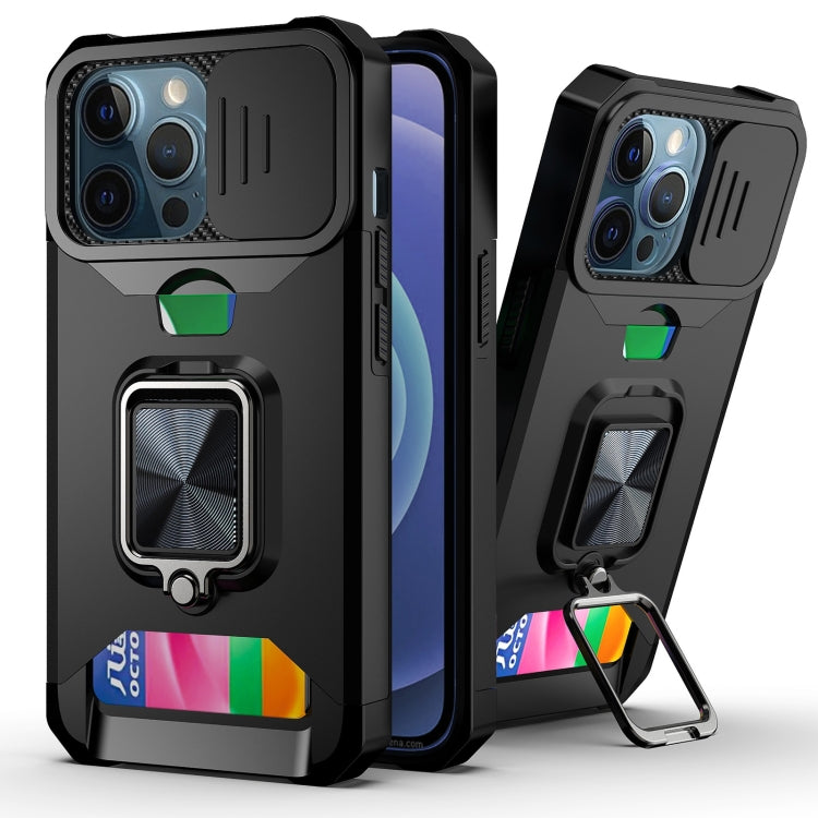 For iPhone 13 Pro Sliding Camshield Card Slot Ring Kickstand Phone Case