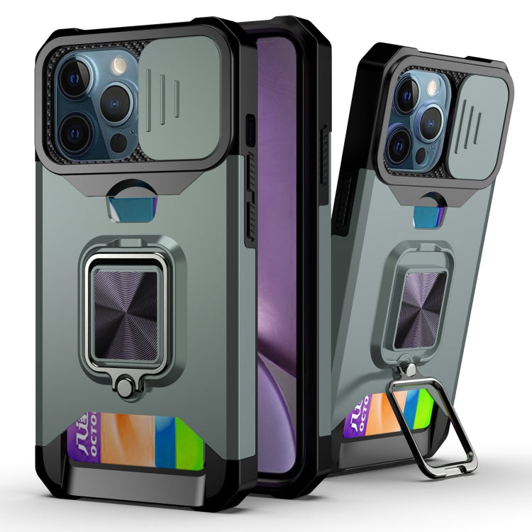 For iPhone 13 Pro Sliding Camshield Card Slot Ring Kickstand Phone Case