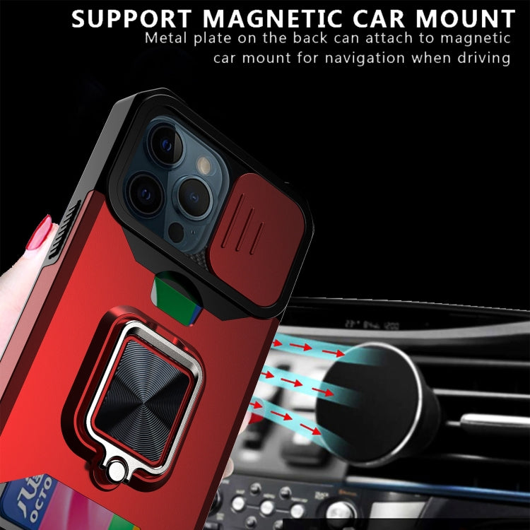 For iPhone 13 Pro Sliding Camshield Card Slot Ring Kickstand Phone Case