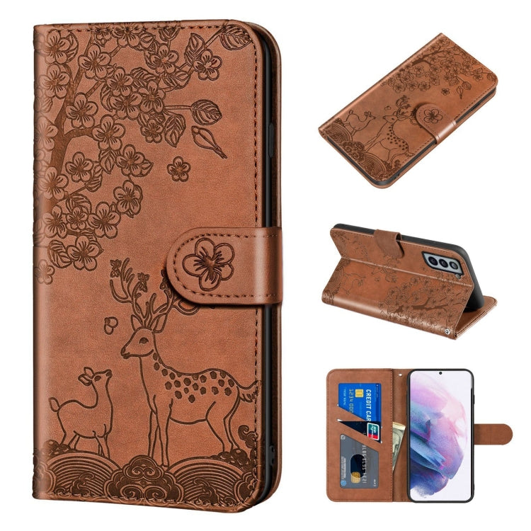 For Samsung Galaxy S21+ 5G Sika Deer Embossing Pattern Horizontal Flip PU Leather Case with Holder & Card Slot & Wallet & Photo Frame