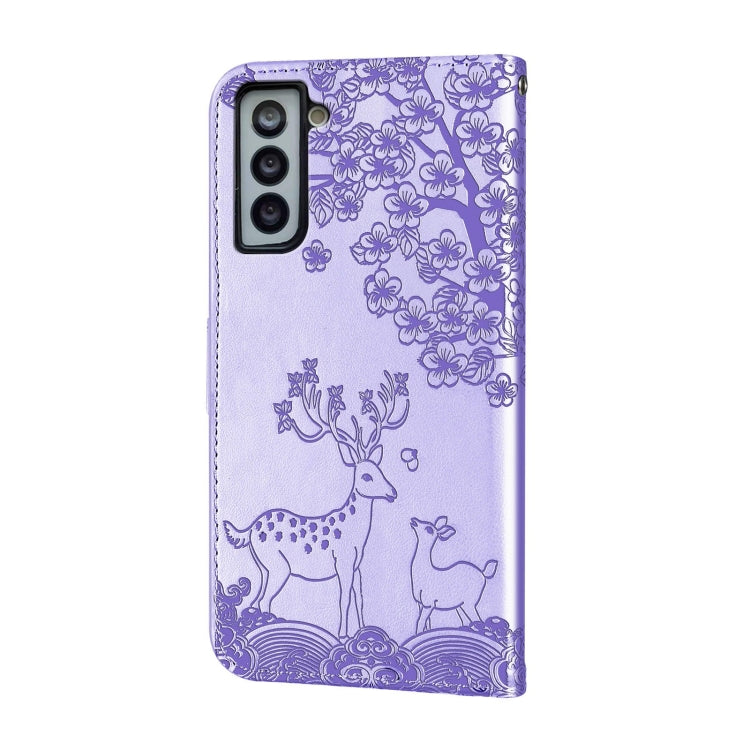 For Samsung Galaxy S21 FE Sika Deer Embossing Pattern Horizontal Flip PU Leather Case with Holder & Card Slot & Wallet & Photo Frame
