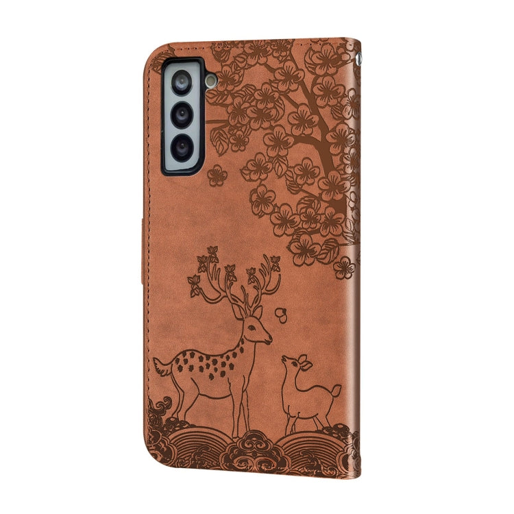 For Samsung Galaxy S21 FE Sika Deer Embossing Pattern Horizontal Flip PU Leather Case with Holder & Card Slot & Wallet & Photo Frame