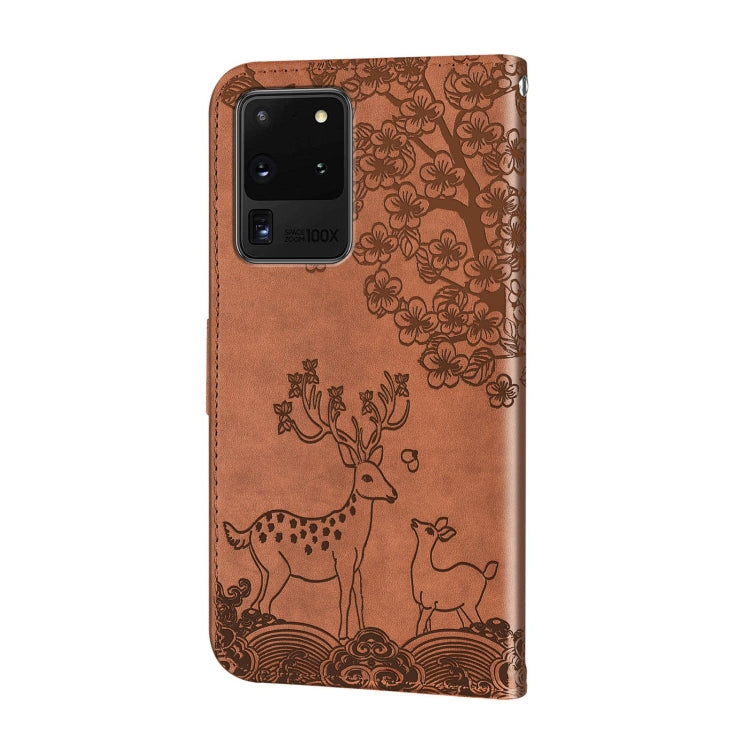 For Samsung Galaxy S20 Ultra Sika Deer Embossing Pattern Horizontal Flip PU Leather Case with Holder & Card Slot & Wallet & Photo Frame