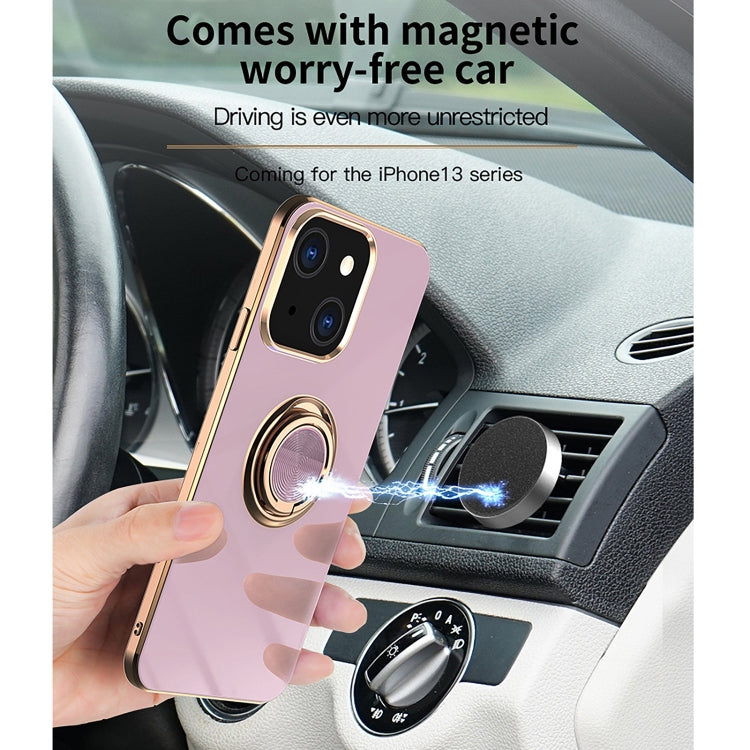 For iPhone 13 6D Electroplating Full Coverage Silicone Protective Case with Magnetic Ring Holder