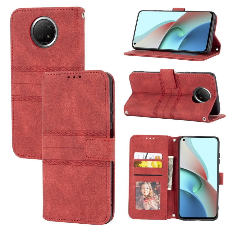 For Xiaomi Redmi Note 9 5G Embossed Striped Magnetic Buckle PU + TPU Horizontal Flip Leather Case with Holder & Card Slot & Wallet & Photo Frame & Sling
