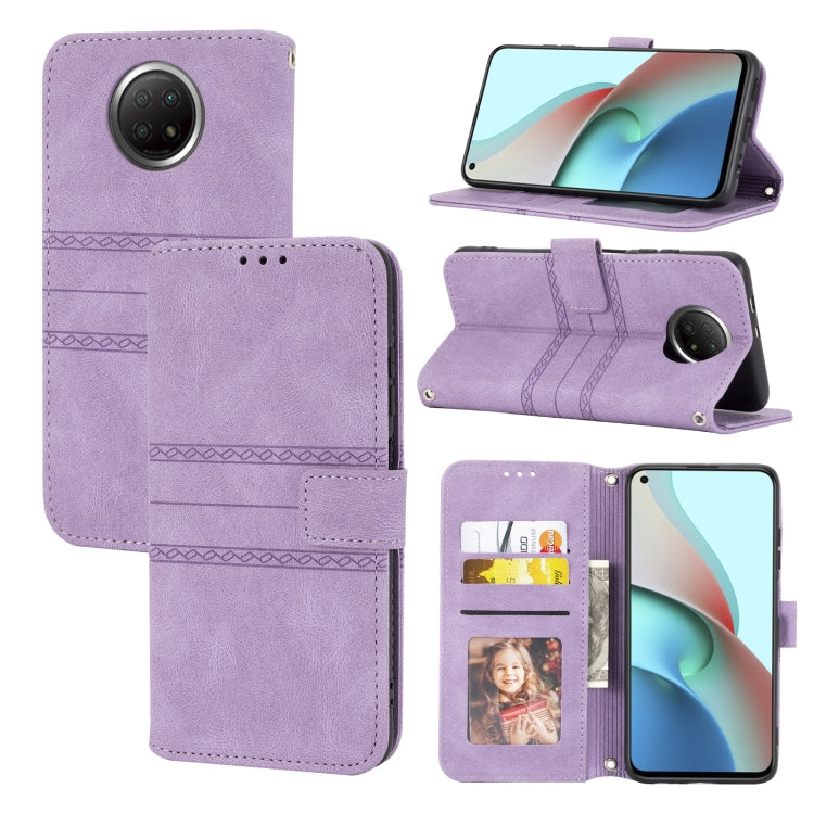For Xiaomi Redmi Note 9 5G Embossed Striped Magnetic Buckle PU + TPU Horizontal Flip Leather Case with Holder & Card Slot & Wallet & Photo Frame & Sling