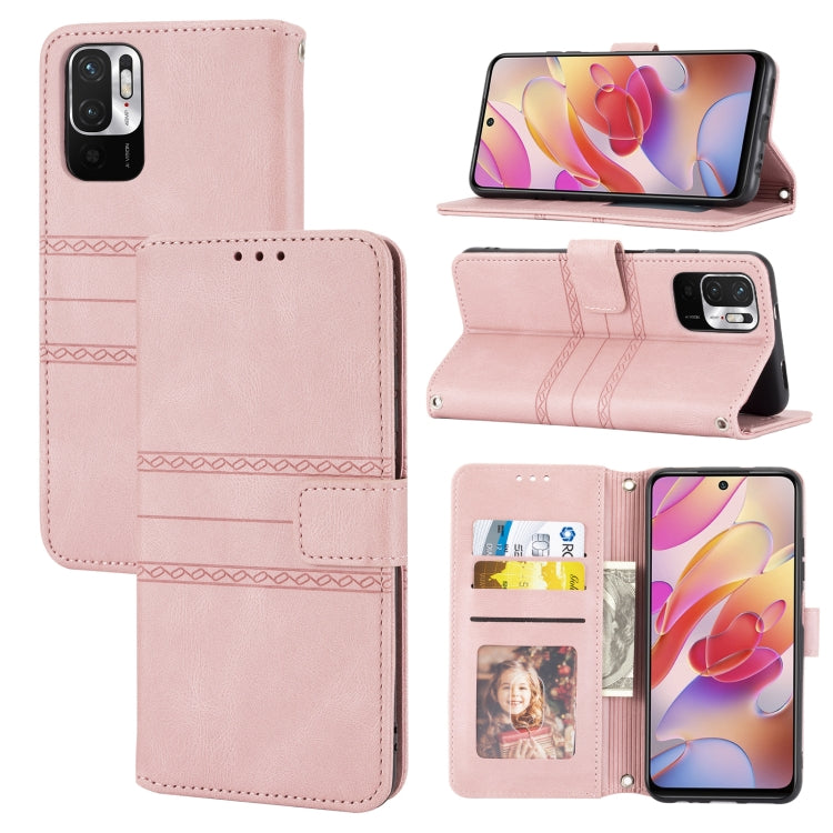 For Xiaomi Redmi Note 10 Embossed Striped Magnetic Buckle PU + TPU Horizontal Flip Leather Case with Holder & Card Slot & Wallet & Photo Frame & Sling