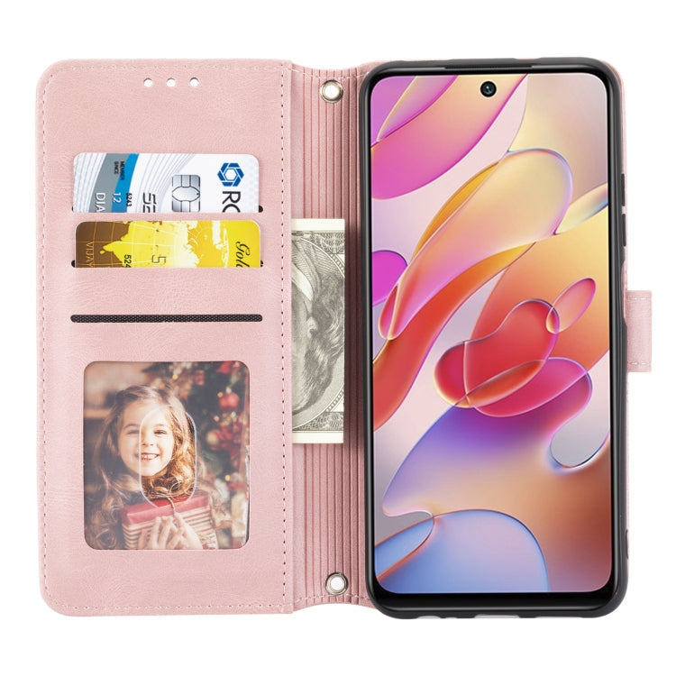 For Xiaomi Redmi Note 10 Embossed Striped Magnetic Buckle PU + TPU Horizontal Flip Leather Case with Holder & Card Slot & Wallet & Photo Frame & Sling