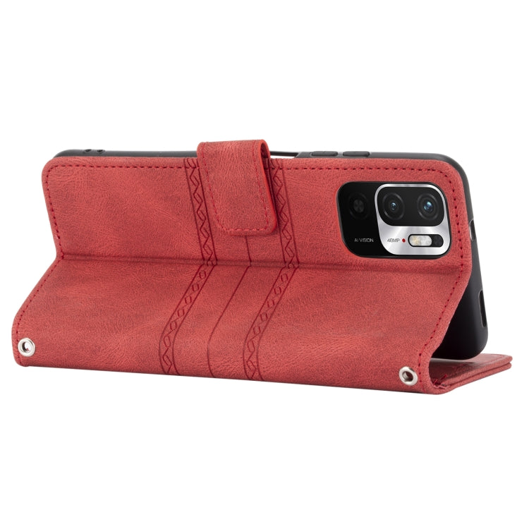 For Xiaomi Redmi Note 10 Embossed Striped Magnetic Buckle PU + TPU Horizontal Flip Leather Case with Holder & Card Slot & Wallet & Photo Frame & Sling