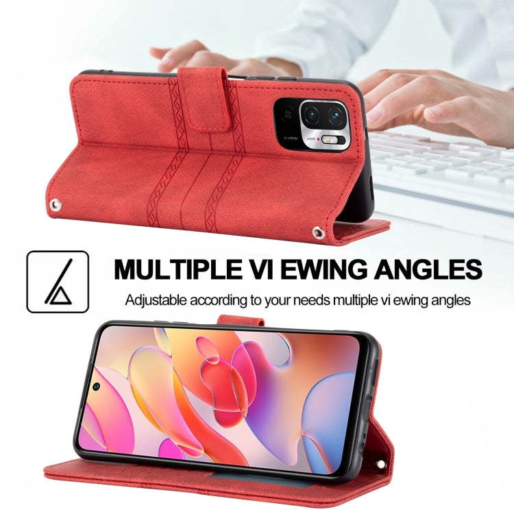 For Xiaomi Redmi Note 10 Embossed Striped Magnetic Buckle PU + TPU Horizontal Flip Leather Case with Holder & Card Slot & Wallet & Photo Frame & Sling
