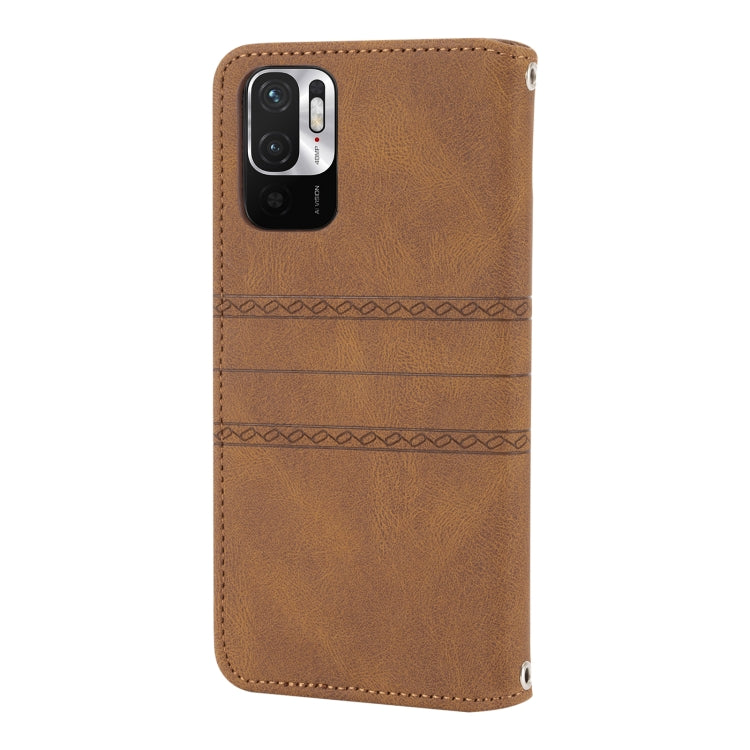 For Xiaomi Redmi Note 10 Embossed Striped Magnetic Buckle PU + TPU Horizontal Flip Leather Case with Holder & Card Slot & Wallet & Photo Frame & Sling