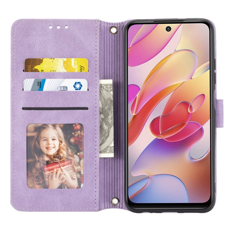 For Xiaomi Redmi Note 10 Embossed Striped Magnetic Buckle PU + TPU Horizontal Flip Leather Case with Holder & Card Slot & Wallet & Photo Frame & Sling