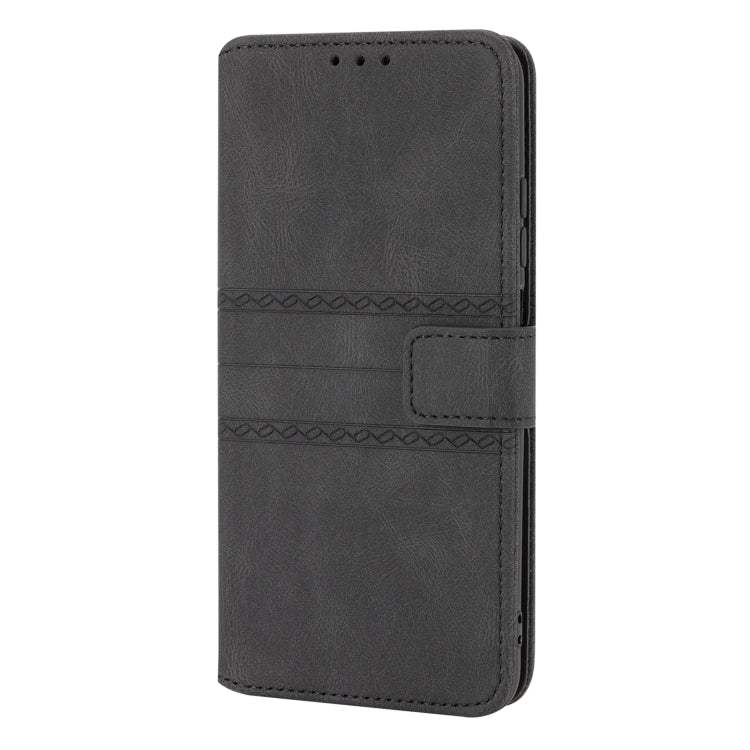 For Xiaomi Redmi Note 10 Embossed Striped Magnetic Buckle PU + TPU Horizontal Flip Leather Case with Holder & Card Slot & Wallet & Photo Frame & Sling