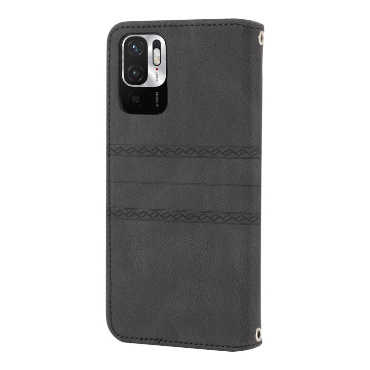 For Xiaomi Redmi Note 10 Embossed Striped Magnetic Buckle PU + TPU Horizontal Flip Leather Case with Holder & Card Slot & Wallet & Photo Frame & Sling