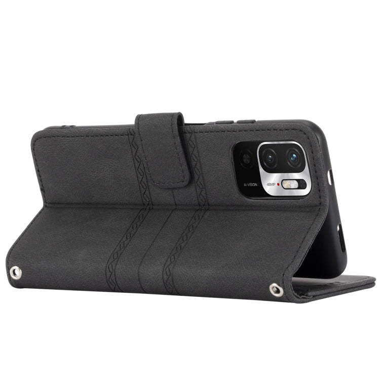 For Xiaomi Redmi Note 10 Embossed Striped Magnetic Buckle PU + TPU Horizontal Flip Leather Case with Holder & Card Slot & Wallet & Photo Frame & Sling