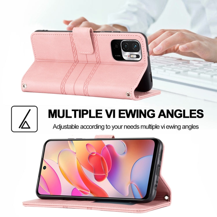 For Xiaomi Redmi Note 10 5G Embossed Striped Magnetic Buckle PU + TPU Horizontal Flip Leather Case with Holder & Card Slot & Wallet & Photo Frame & Sling