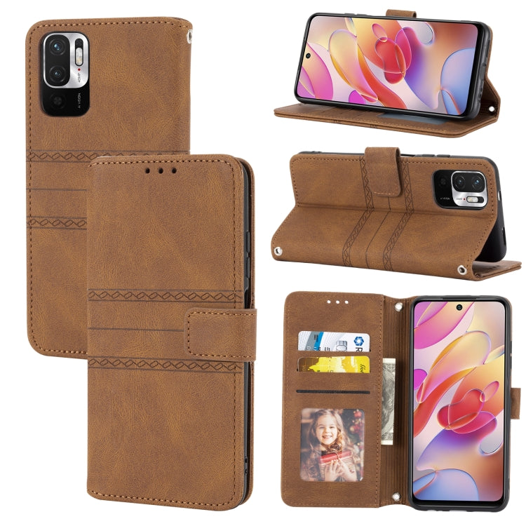 For Xiaomi Redmi Note 10 5G Embossed Striped Magnetic Buckle PU + TPU Horizontal Flip Leather Case with Holder & Card Slot & Wallet & Photo Frame & Sling