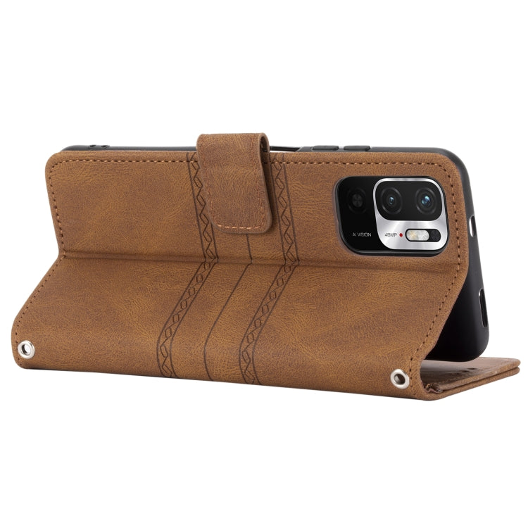 For Xiaomi Redmi Note 10 5G Embossed Striped Magnetic Buckle PU + TPU Horizontal Flip Leather Case with Holder & Card Slot & Wallet & Photo Frame & Sling