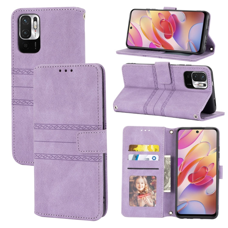 For Xiaomi Redmi Note 10 5G Embossed Striped Magnetic Buckle PU + TPU Horizontal Flip Leather Case with Holder & Card Slot & Wallet & Photo Frame & Sling