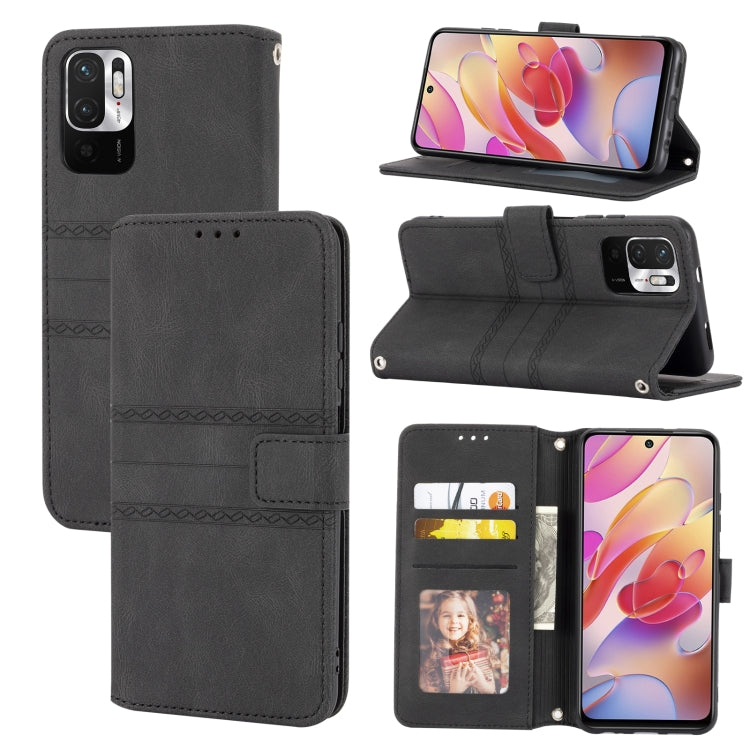 For Xiaomi Redmi Note 10 5G Embossed Striped Magnetic Buckle PU + TPU Horizontal Flip Leather Case with Holder & Card Slot & Wallet & Photo Frame & Sling