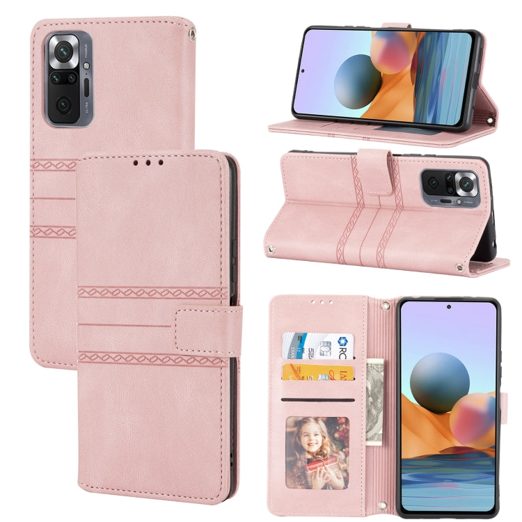 For Xiaomi Redmi Note 10 Pro Max Embossed Striped Magnetic Buckle PU + TPU Horizontal Flip Leather Case with Holder & Card Slot & Wallet & Photo Frame & Sling