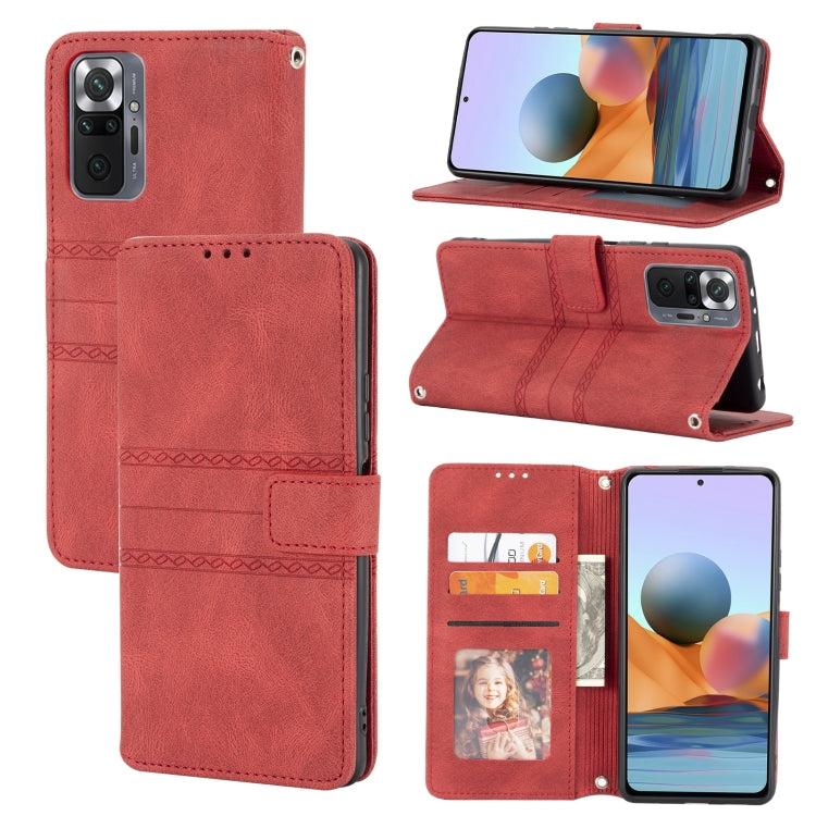 For Xiaomi Redmi Note 10 Pro Max Embossed Striped Magnetic Buckle PU + TPU Horizontal Flip Leather Case with Holder & Card Slot & Wallet & Photo Frame & Sling
