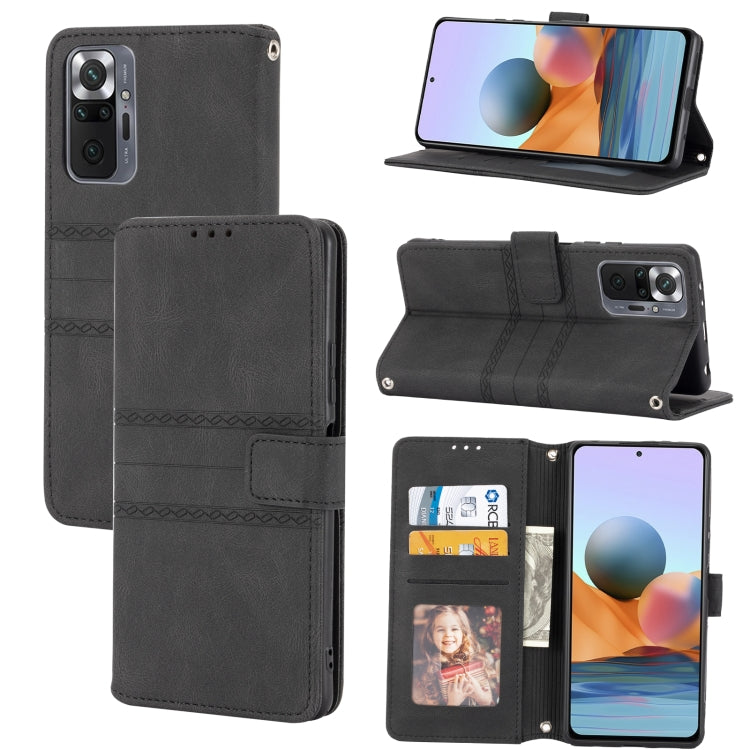For Xiaomi Redmi Note 10 Pro Max Embossed Striped Magnetic Buckle PU + TPU Horizontal Flip Leather Case with Holder & Card Slot & Wallet & Photo Frame & Sling