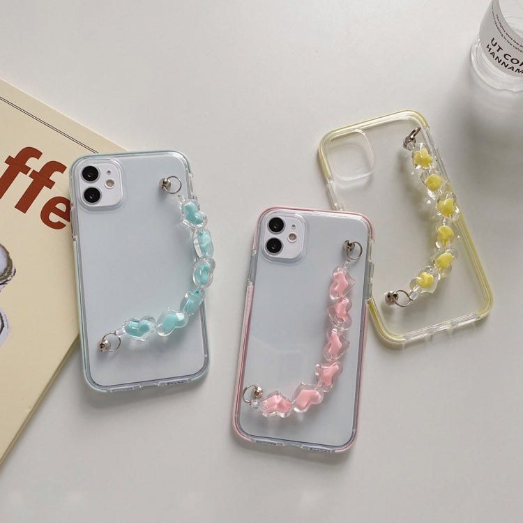 For iPhone 12 mini Dual-color PC+TPU Shockproof Case with Heart Beads Wrist Bracelet Chain