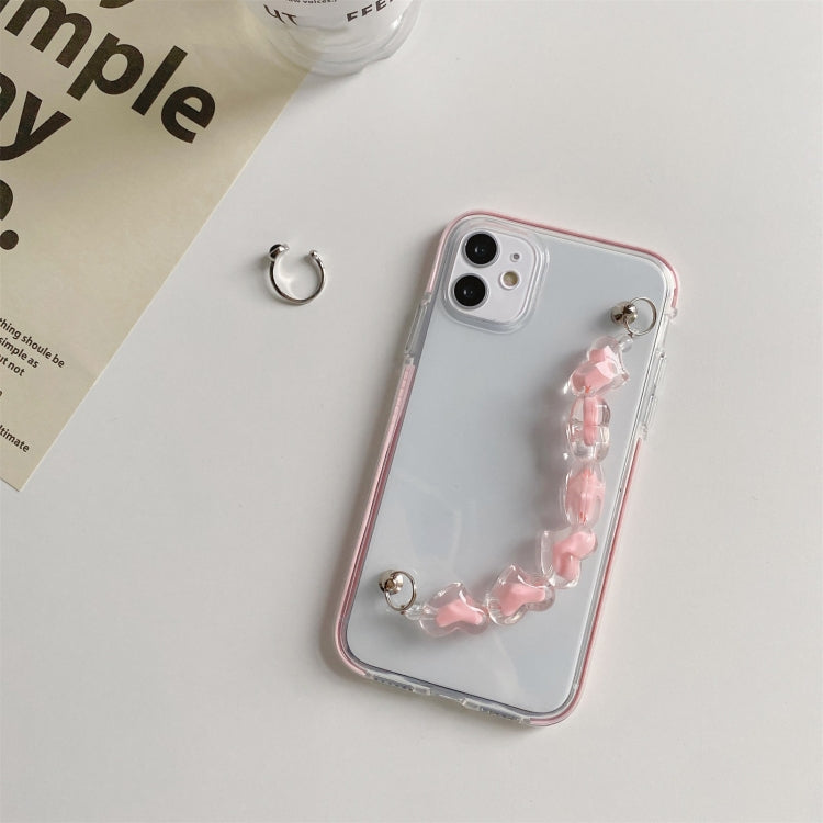 For iPhone 12 Pro Max Dual-color PC+TPU Shockproof Case with Heart Beads Wrist Bracelet Chain