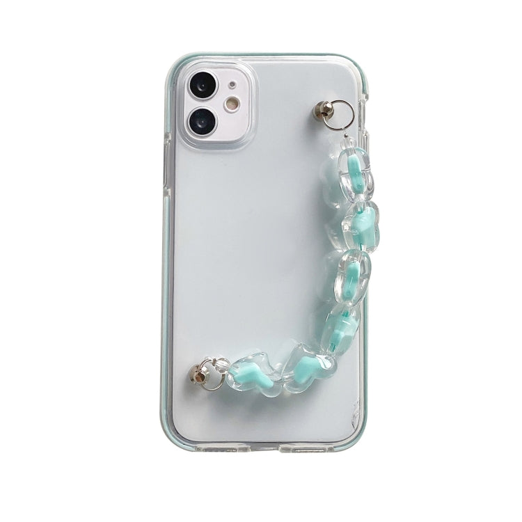 For iPhone 12 Pro Max Dual-color PC+TPU Shockproof Case with Heart Beads Wrist Bracelet Chain