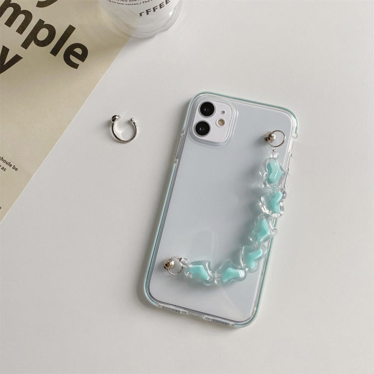 For iPhone 11 Dual-color PC+TPU Shockproof Case with Heart Beads Wrist Bracelet Chain