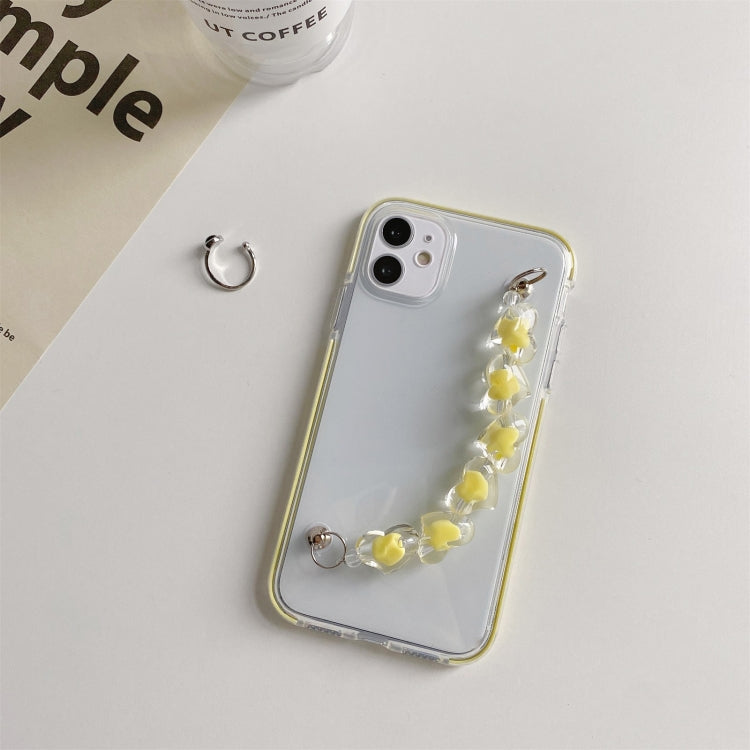 For iPhone 11 Dual-color PC+TPU Shockproof Case with Heart Beads Wrist Bracelet Chain