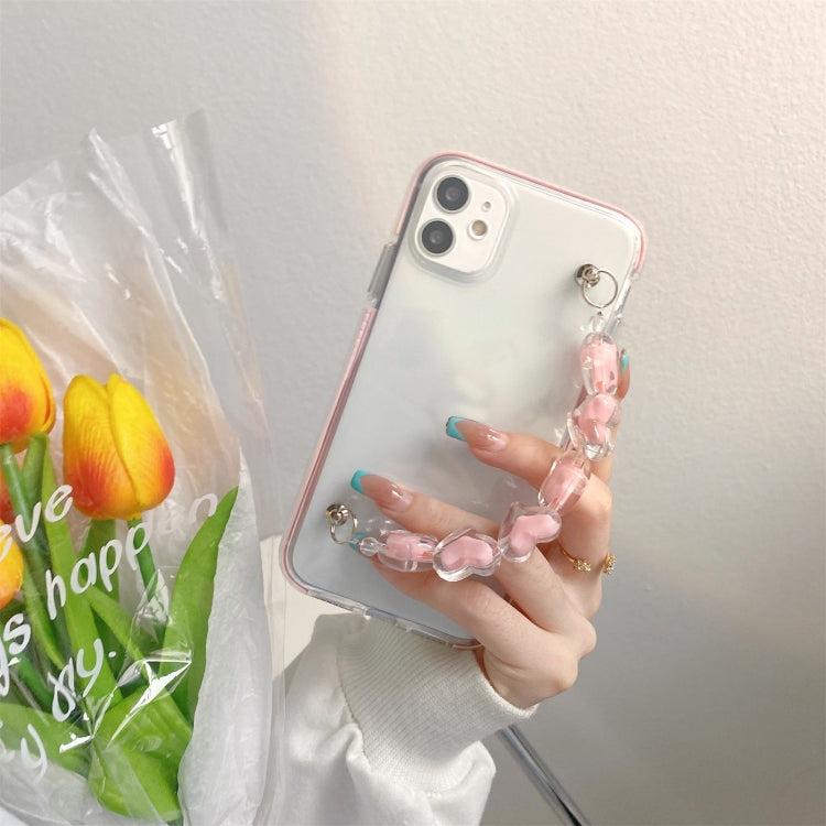 For iPhone 11 Dual-color PC+TPU Shockproof Case with Heart Beads Wrist Bracelet Chain