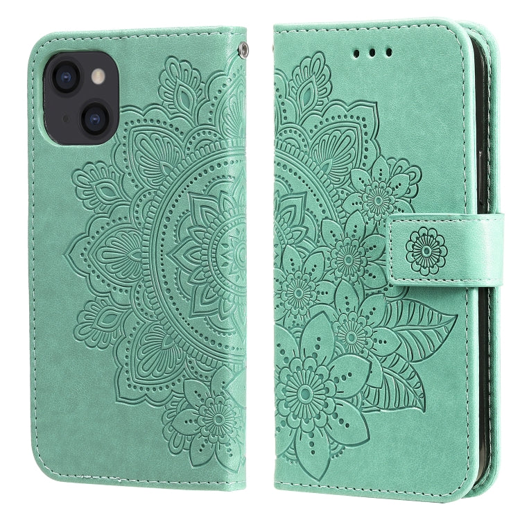 For iPhone 13 7-petal Flowers Embossing Pattern Horizontal Flip PU Leather Case with Holder & Card Slots & Wallet & Photo Frame