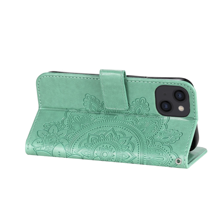 For iPhone 13 7-petal Flowers Embossing Pattern Horizontal Flip PU Leather Case with Holder & Card Slots & Wallet & Photo Frame