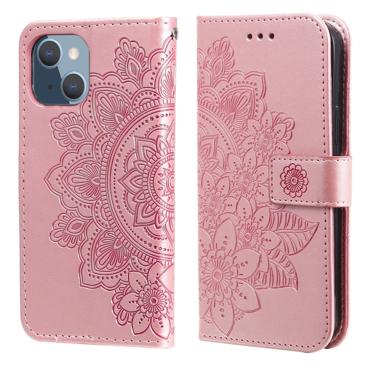 For iPhone 13 mini 7-petal Flowers Embossing Pattern Horizontal Flip PU Leather Case with Holder & Card Slots & Wallet & Photo Frame