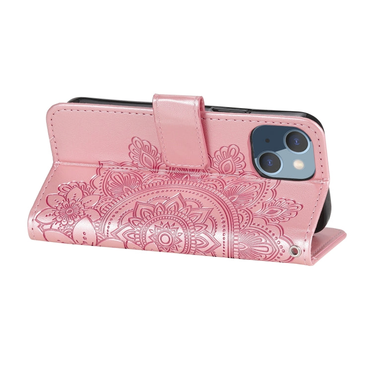 For iPhone 13 mini 7-petal Flowers Embossing Pattern Horizontal Flip PU Leather Case with Holder & Card Slots & Wallet & Photo Frame