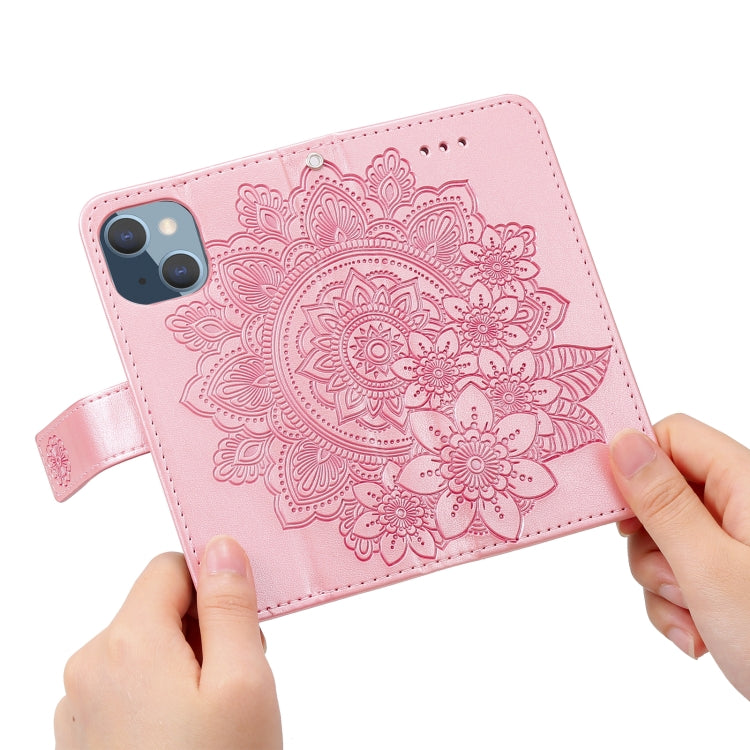 For iPhone 13 mini 7-petal Flowers Embossing Pattern Horizontal Flip PU Leather Case with Holder & Card Slots & Wallet & Photo Frame