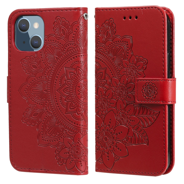 For iPhone 13 mini 7-petal Flowers Embossing Pattern Horizontal Flip PU Leather Case with Holder & Card Slots & Wallet & Photo Frame