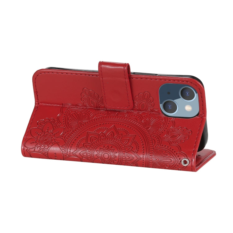 For iPhone 13 mini 7-petal Flowers Embossing Pattern Horizontal Flip PU Leather Case with Holder & Card Slots & Wallet & Photo Frame