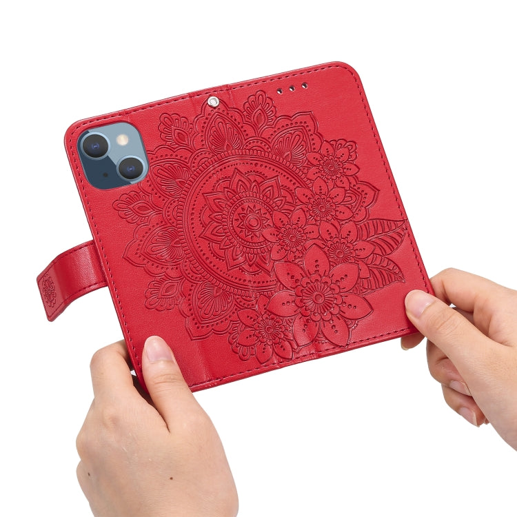 For iPhone 13 mini 7-petal Flowers Embossing Pattern Horizontal Flip PU Leather Case with Holder & Card Slots & Wallet & Photo Frame