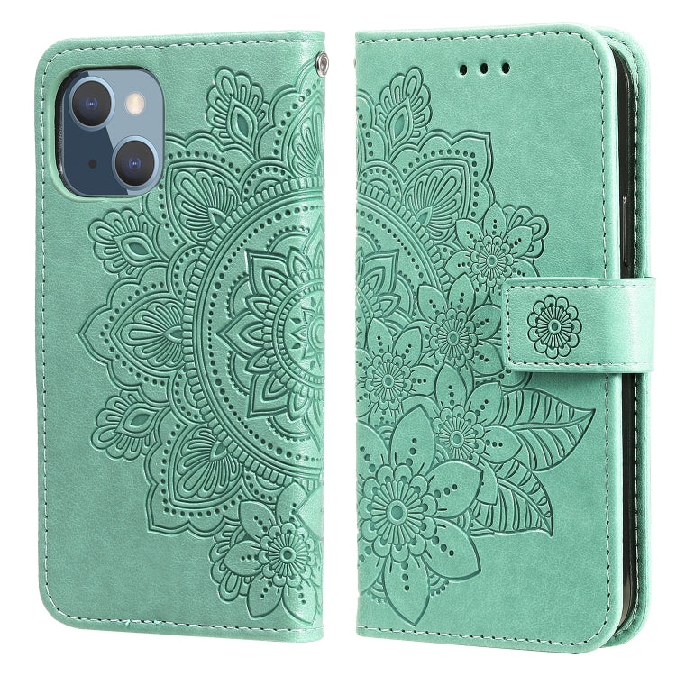 For iPhone 13 mini 7-petal Flowers Embossing Pattern Horizontal Flip PU Leather Case with Holder & Card Slots & Wallet & Photo Frame