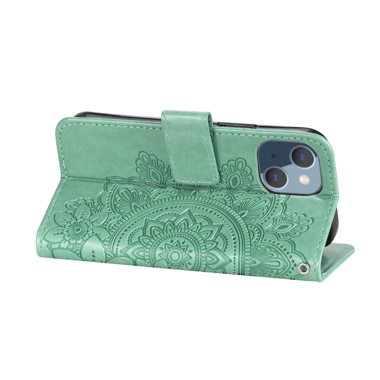 For iPhone 13 mini 7-petal Flowers Embossing Pattern Horizontal Flip PU Leather Case with Holder & Card Slots & Wallet & Photo Frame