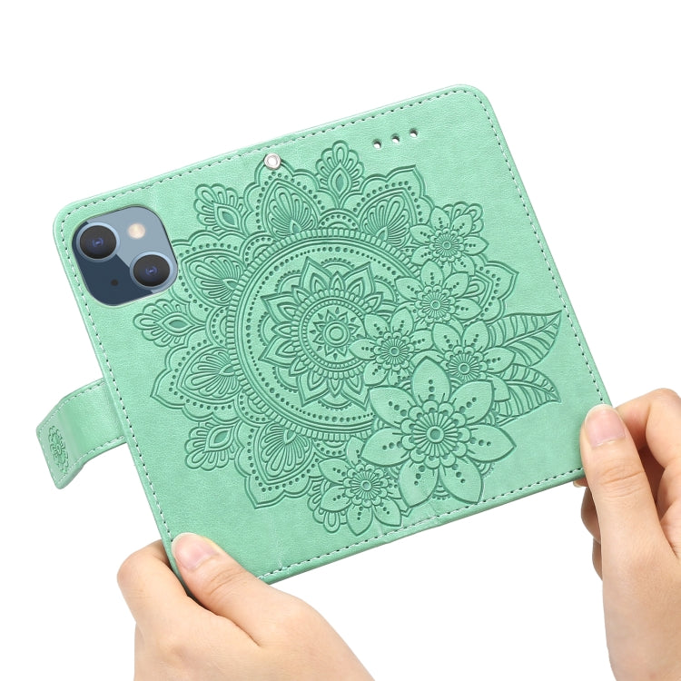 For iPhone 13 mini 7-petal Flowers Embossing Pattern Horizontal Flip PU Leather Case with Holder & Card Slots & Wallet & Photo Frame
