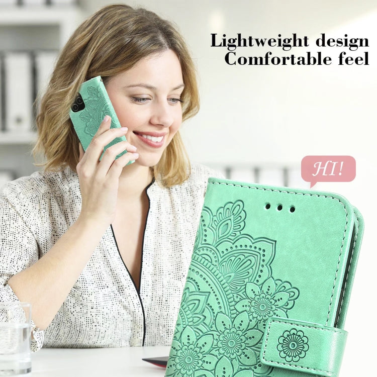 For iPhone 13 mini 7-petal Flowers Embossing Pattern Horizontal Flip PU Leather Case with Holder & Card Slots & Wallet & Photo Frame