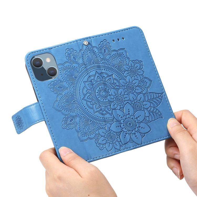 For iPhone 13 mini 7-petal Flowers Embossing Pattern Horizontal Flip PU Leather Case with Holder & Card Slots & Wallet & Photo Frame