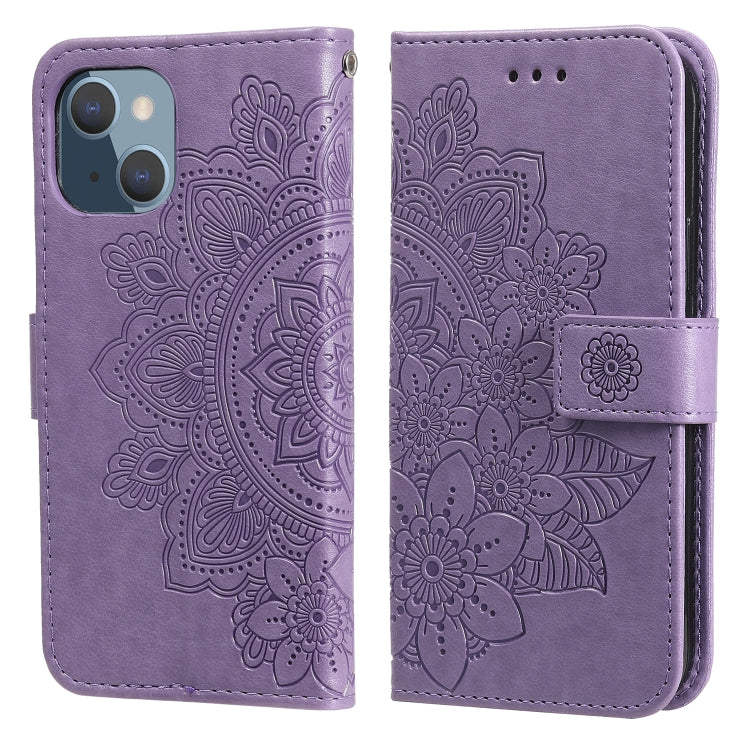 For iPhone 13 mini 7-petal Flowers Embossing Pattern Horizontal Flip PU Leather Case with Holder & Card Slots & Wallet & Photo Frame