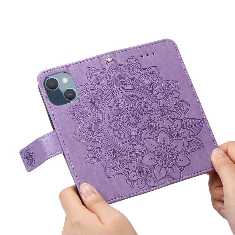 For iPhone 13 mini 7-petal Flowers Embossing Pattern Horizontal Flip PU Leather Case with Holder & Card Slots & Wallet & Photo Frame