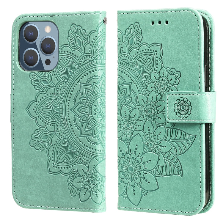 For iPhone 13 Pro 7-petal Flowers Embossing Pattern Horizontal Flip PU Leather Case with Holder & Card Slots & Wallet & Photo Frame